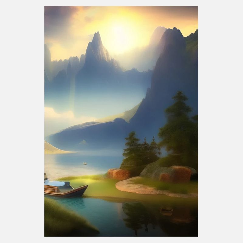 Landschaft mit See, Boot und Berge