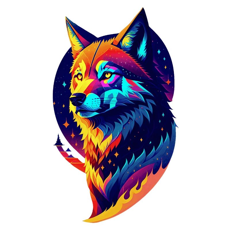 Loup dans la nuit - Décor Multicolore