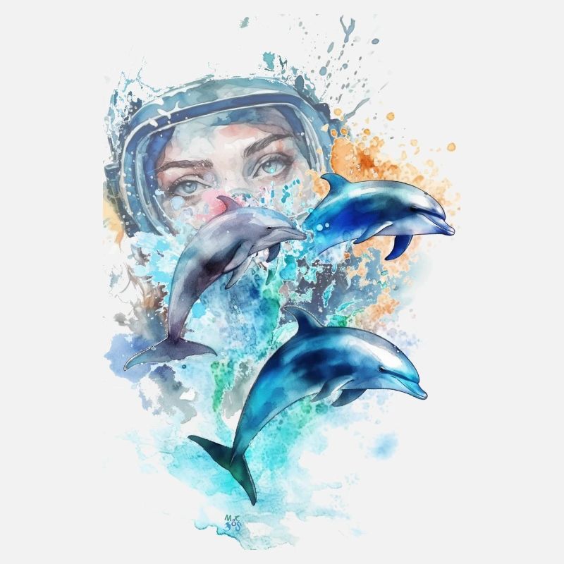 Aquarelle : 3 dauphins avec plongeuse sous marine
