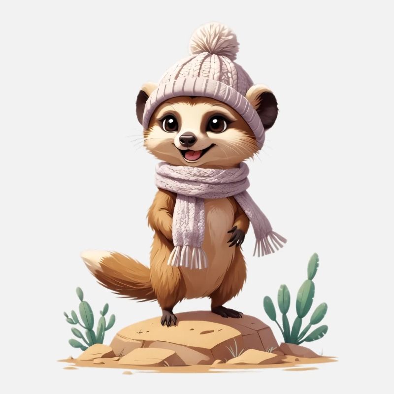 Suricate sur roche avec écharpe et chapeau