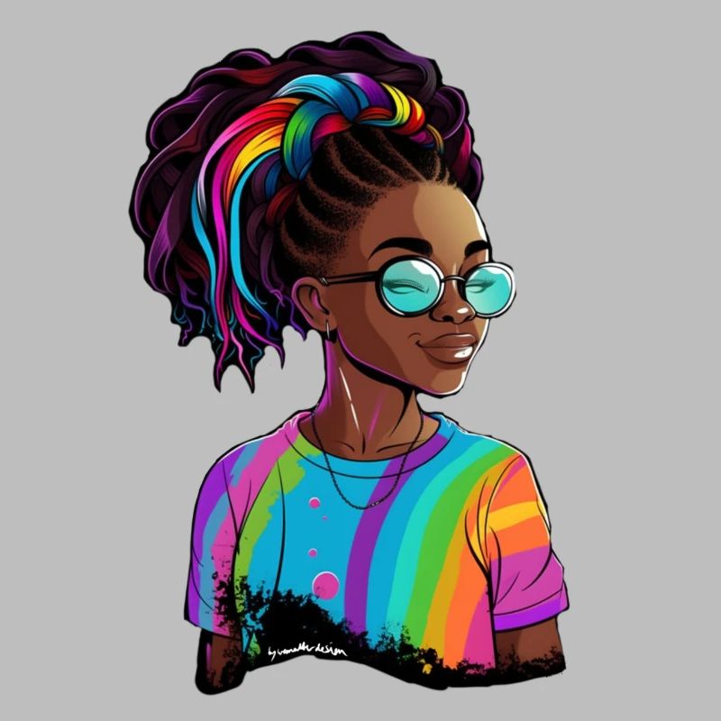 Dreadlocks colorées et T-shirt arc-en-ciel