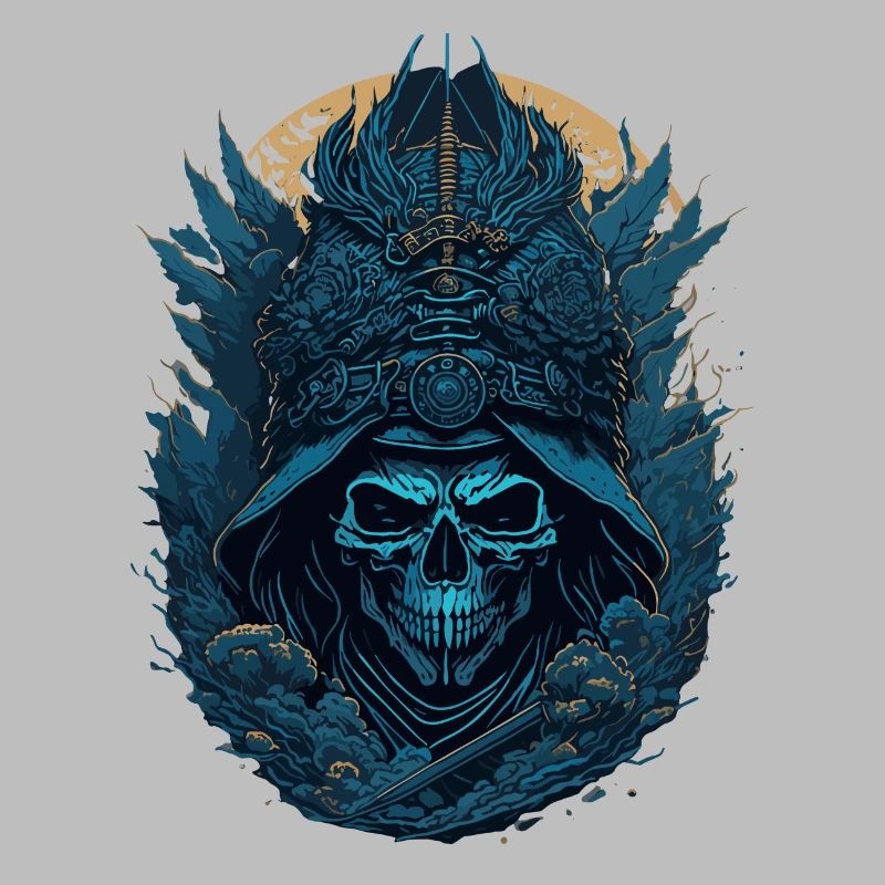 crane squelette samouraï bleu - blue samurai skull