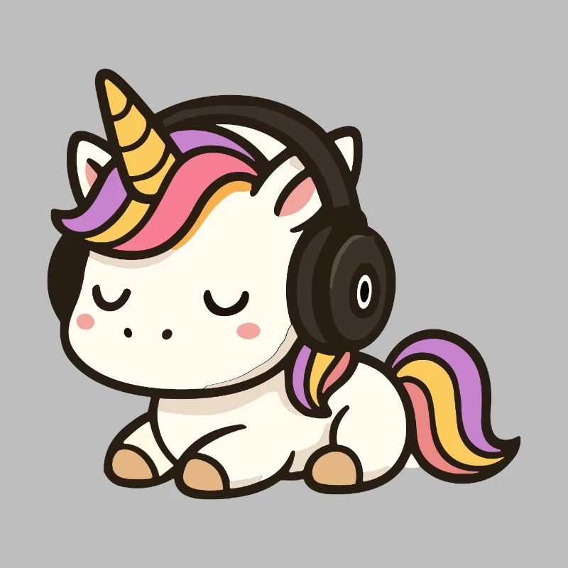 Dessin animé licorne mignon avec des écouteurs dormant