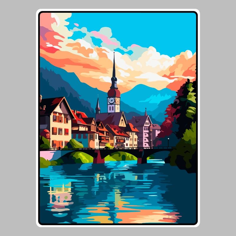Thoune, Suisse, Alpine, Riverside, Townscape, Affiche