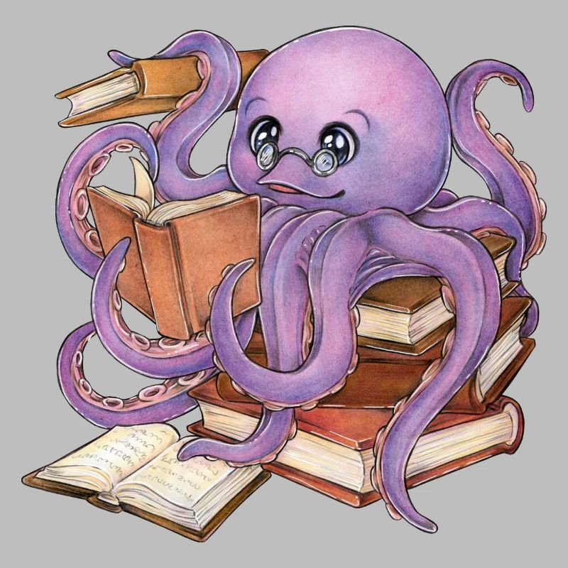 Lesender Oktopus im Bücherstapel Buch Geschenk