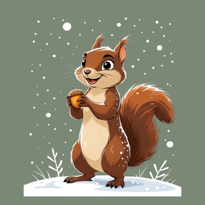 Winterliches Eichhörnchen mit Eichel