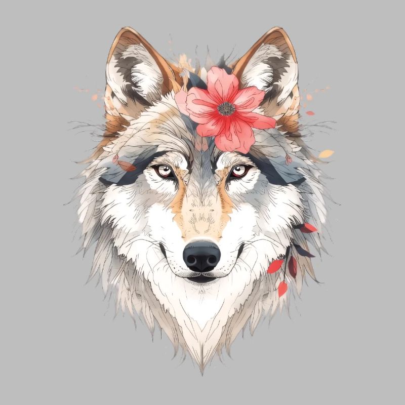 Wolf's head with flower wreath