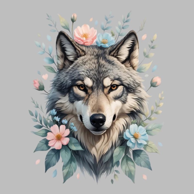 Wolfskopf mit Blumenkranz
