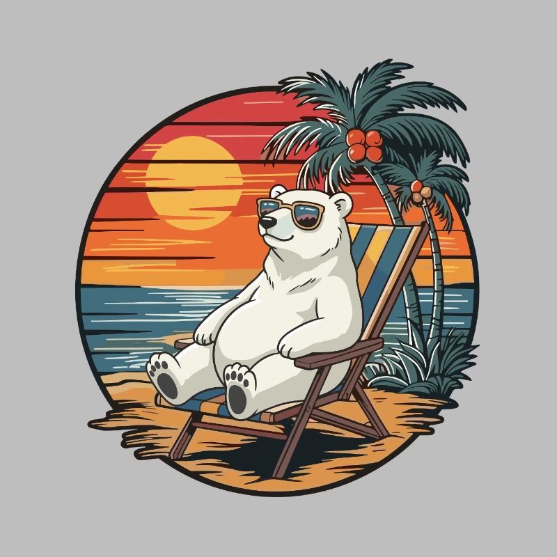 Funny Polar Bear on Beach Summer Vacation Sunset