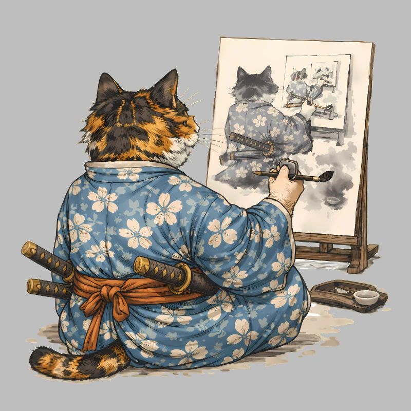 Peinture du chat samouraï : Sumi-e Ukiyo-e Art