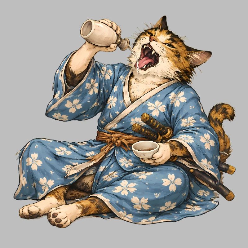 Samurai Cat Sake Japanese Ukiyo-e Style