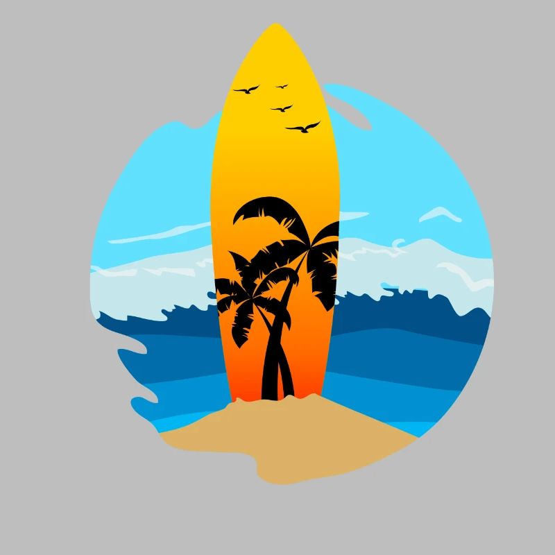 Une planche de surf avec des palmiers coincés dans le sable