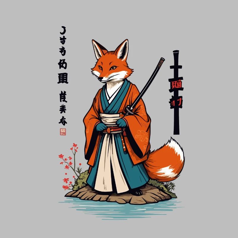 Kitsune Samurai Fox Vintage Ukiyo-e Style