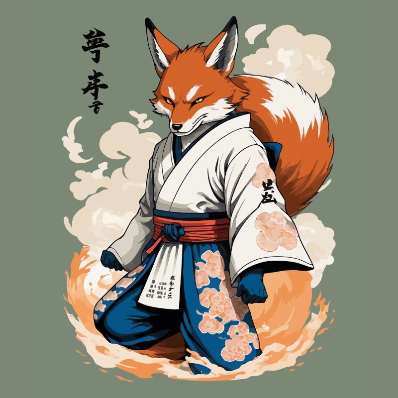 Kitsune Samurai Fox Vintage Ukiyo-e Style