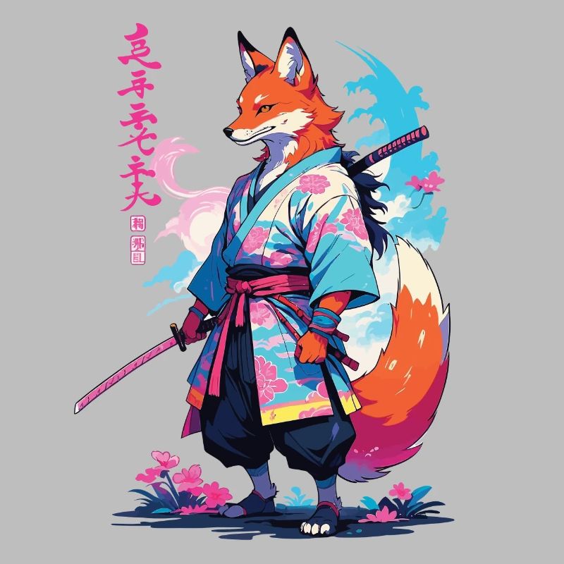 Kitsune Samurai Fox Aesthetic Vaporwave Style