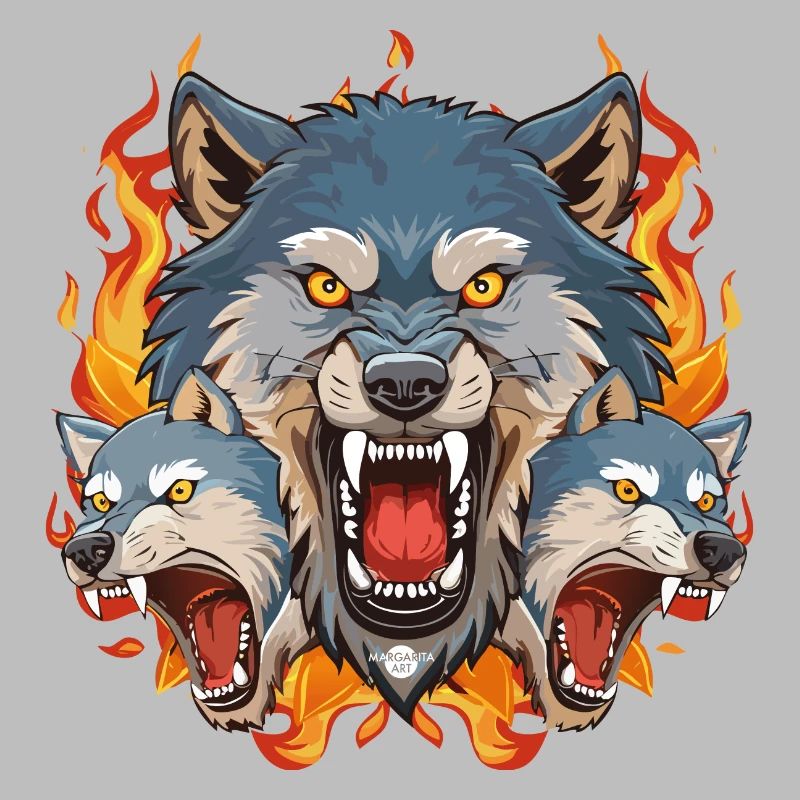 01 Bad Wolf Pack Wolves Head Fire Flames