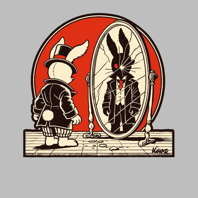 Lapin noir devant un miroir brisé