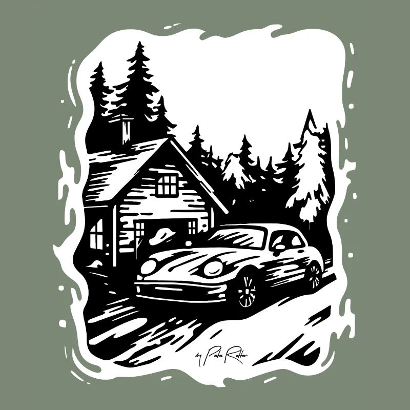 Haus oder Hütte im Wald mit Auto