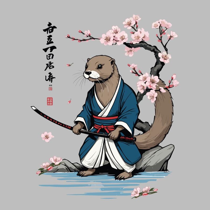 Mignon samouraï loutre fleur de cerisier Ukiyo-E Design