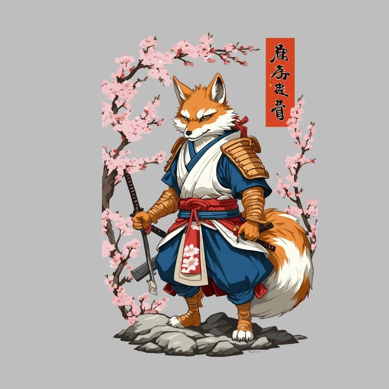 Kitsune Samurai Fuchs Vintage Ukiyo-e Stil