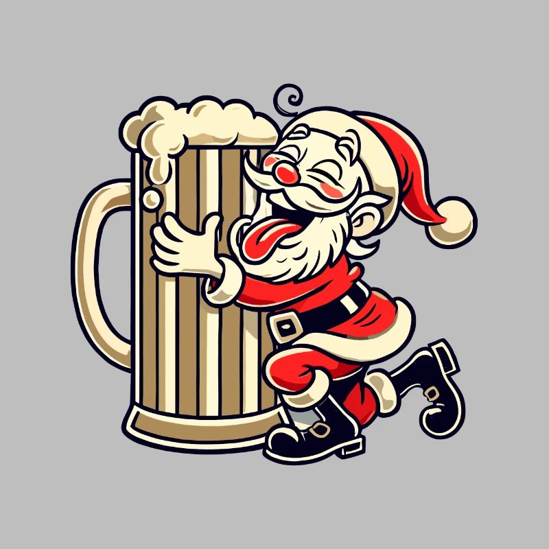Le Père Noël serrant dans ses bras un verre de bière géant