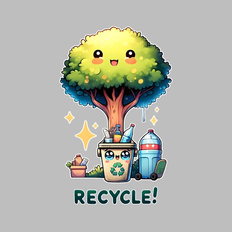 Chibi Niedlicher Baum mit Papierkorb Earth Day recyceln