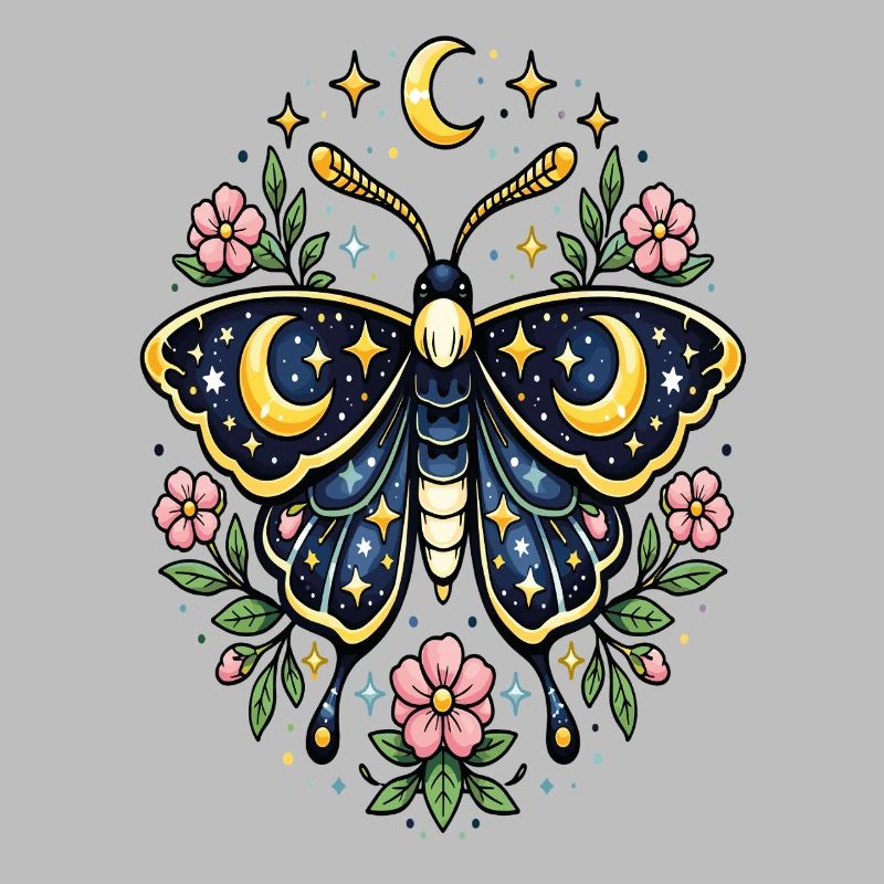 Papillon céleste lune fleurs étoiles