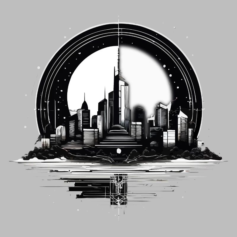 Architecture, City in Moonlight with Reflection