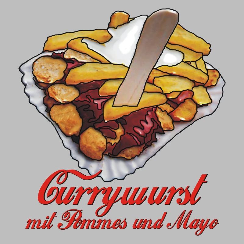 Currywurst with chips, mayo and text
