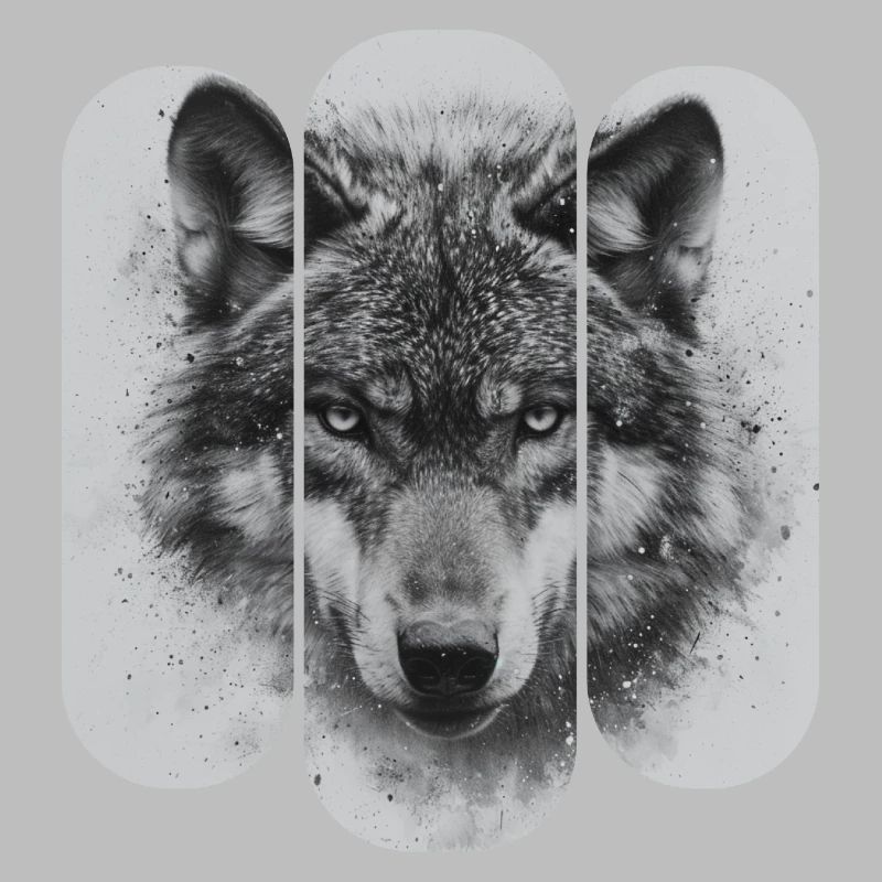 triptych Black and White Wolf