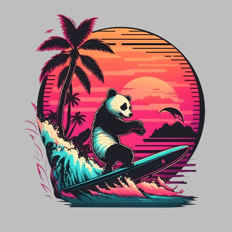 Synthwave surfing Panda Sunset