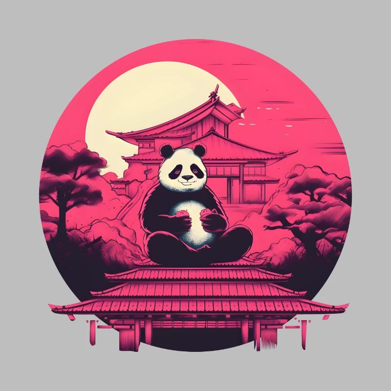 Synthwave mangeant Panda Japon Coucher de soleil