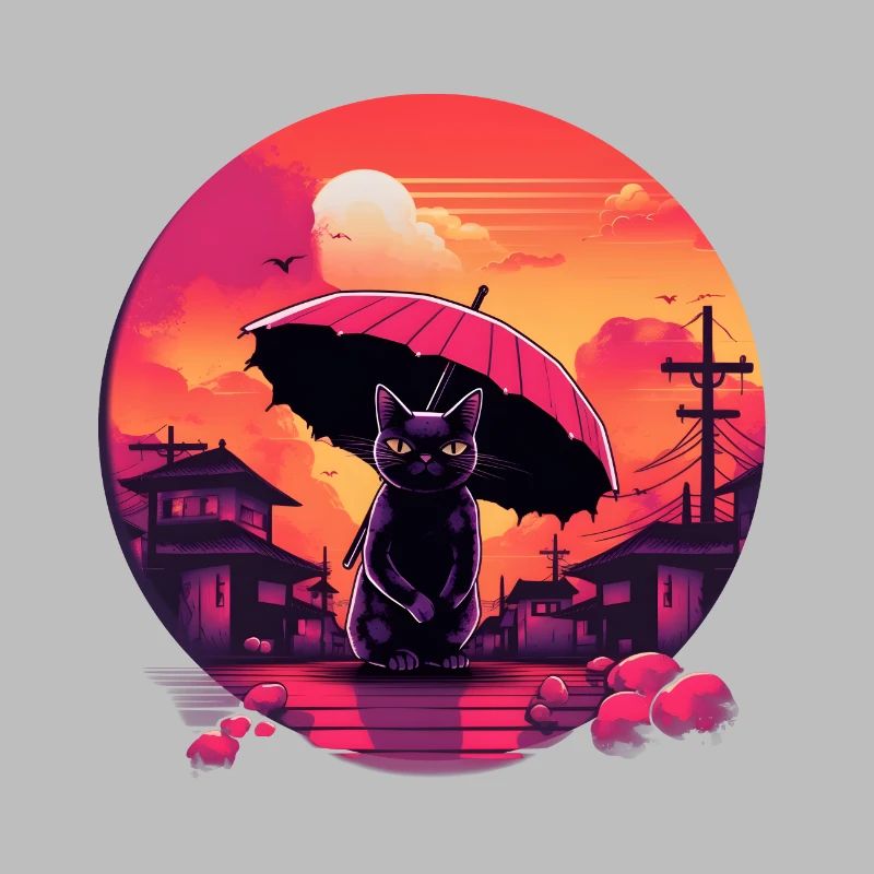 Synthwave japan Cat with umbrella