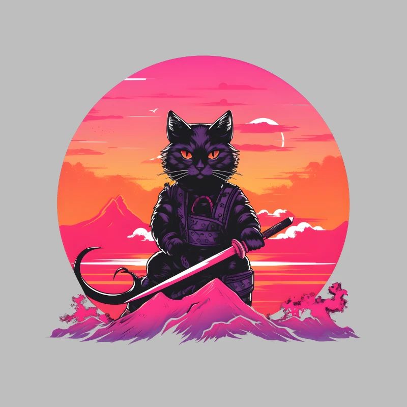Synthwave samurai Cat with katana