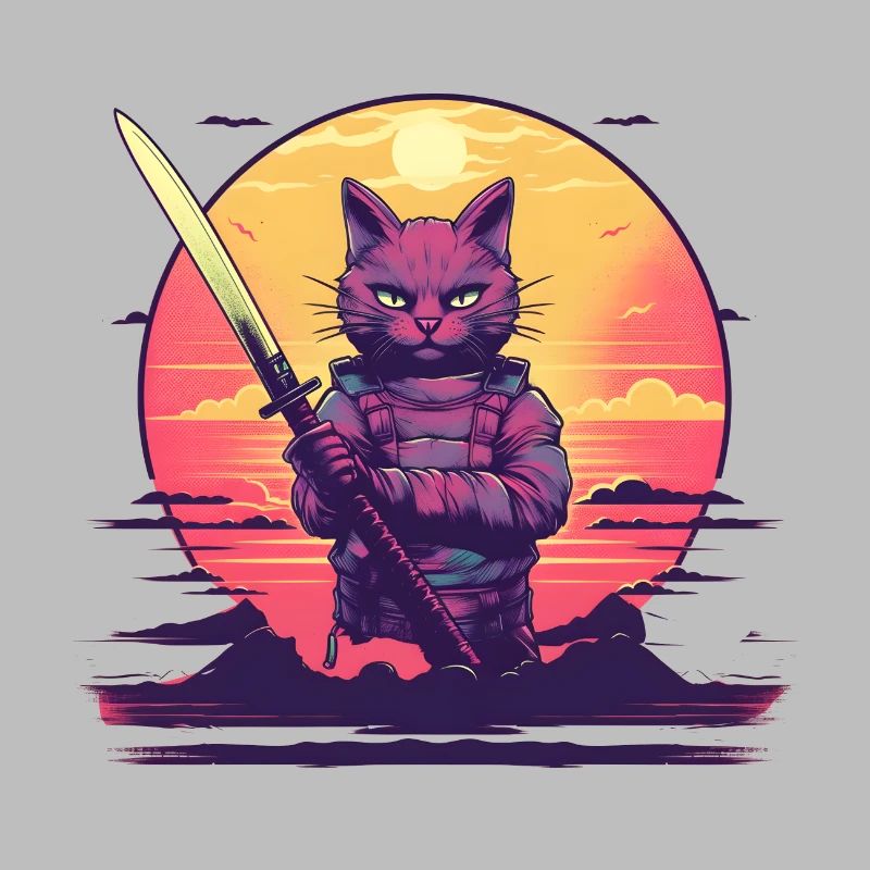 Synthwave samouraï Cat coucher de soleil