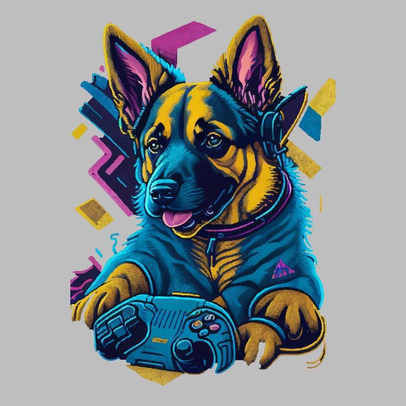 German Shepherd puppy plays with game control