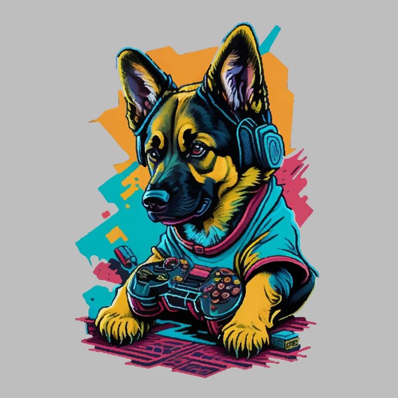 German Shepherd puppy plays with game control
