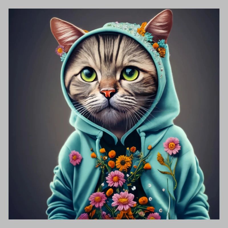 chat avec capuche et fleurs