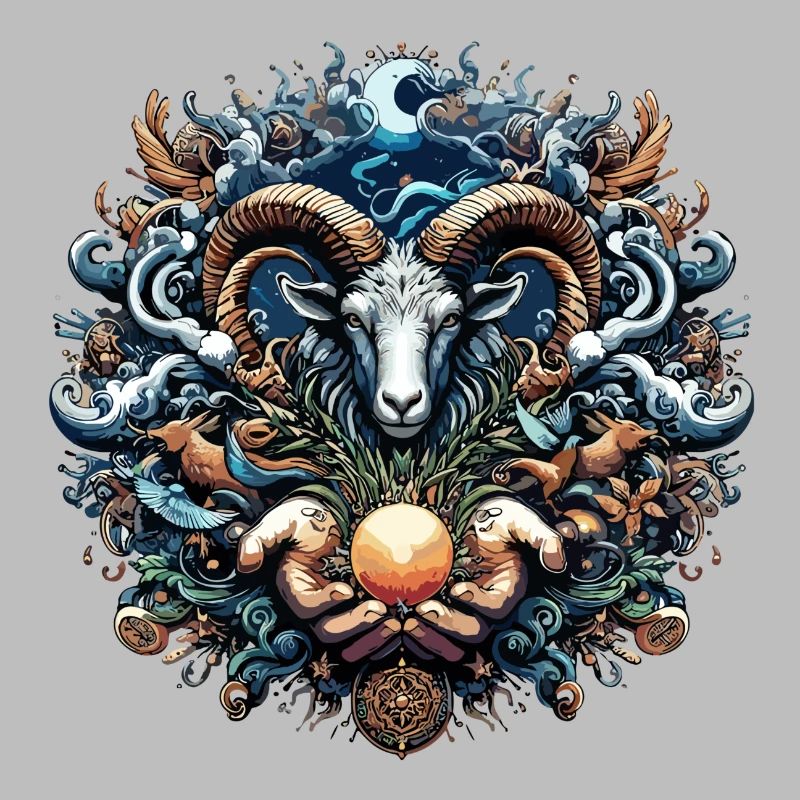Mystical Ram and Ocean Creatures Illustration