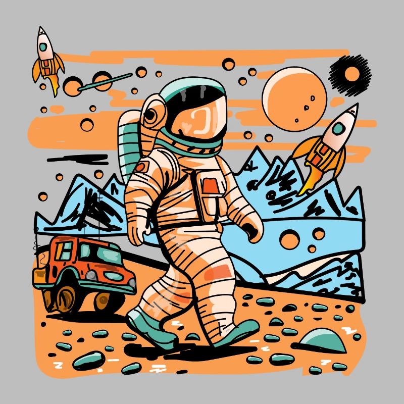 Astronaute de l’espace marchant dans une planète extraterrestre et une fusée