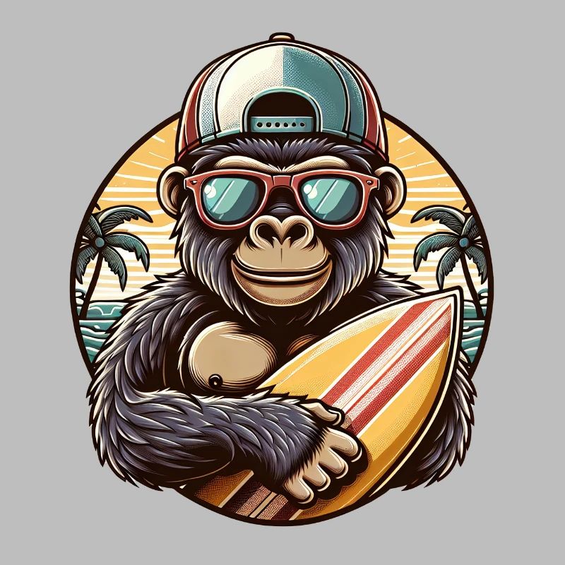 Gorille avec Basecap et lunettes de soleil et planche de surf