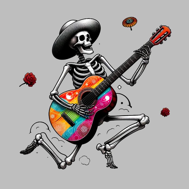 Skeleton playing guitar.