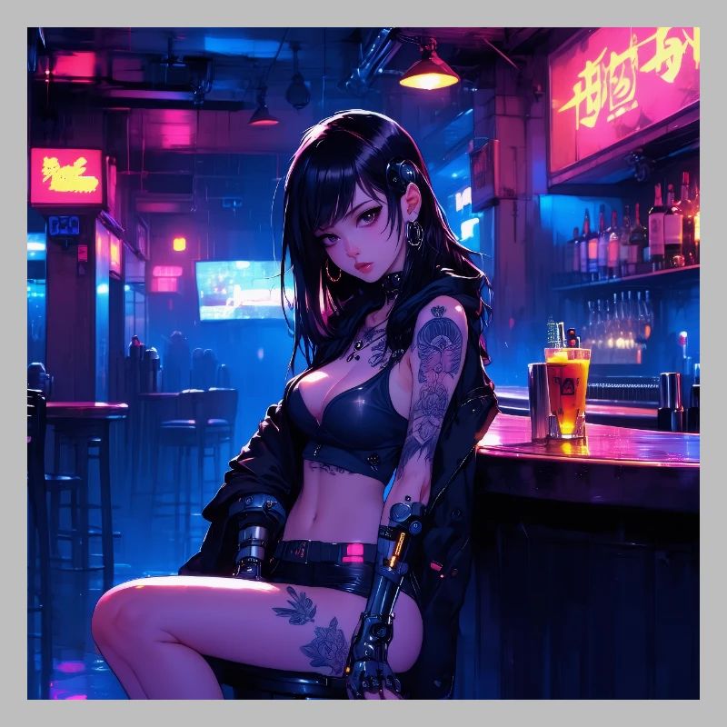 N-dless Nights: Anime-Cyberpunk-Mädchen in einer dunklen Bar