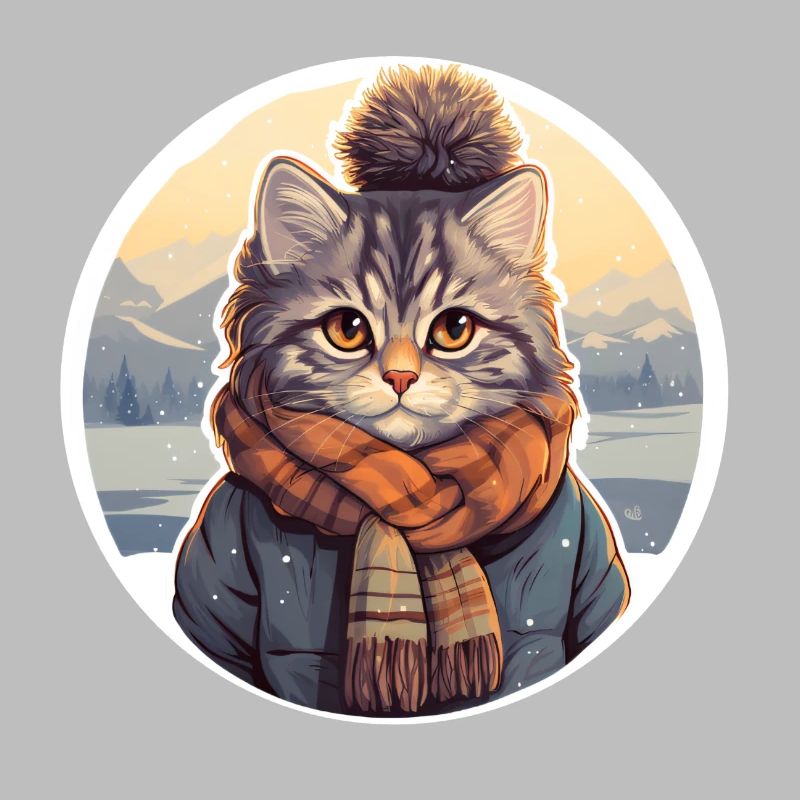 Chat dans la neige avec écharpe et veste