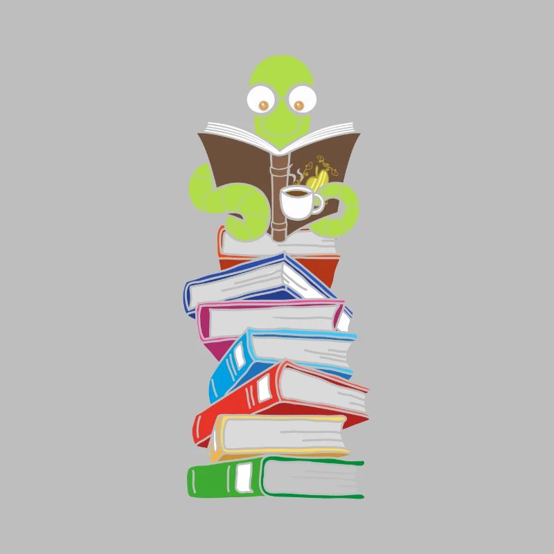 Wurm liest Bücher mit Kaffee