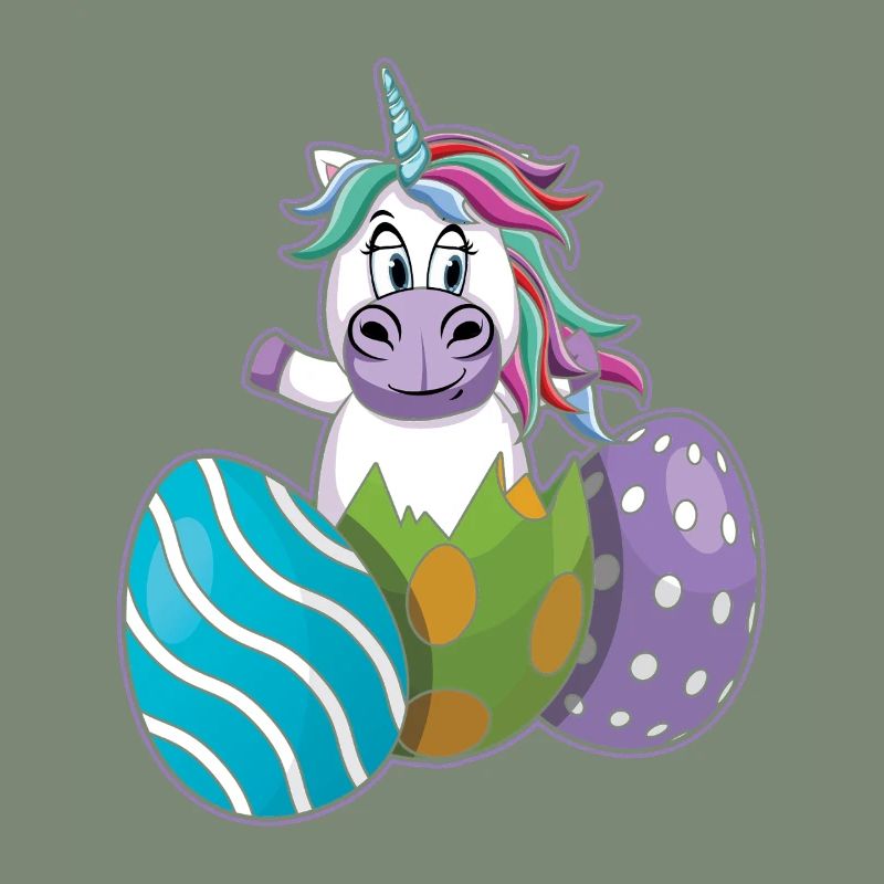 Cheerful unicorn with Easter eggs
