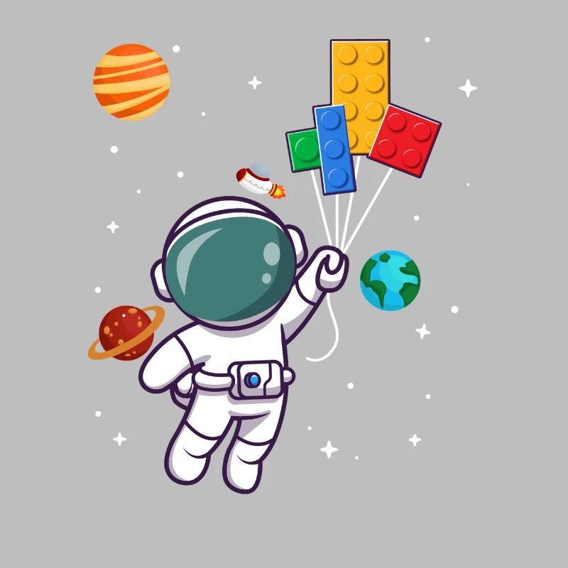 Astronaute avec des blocs de construction et des planètes dans l’espace
