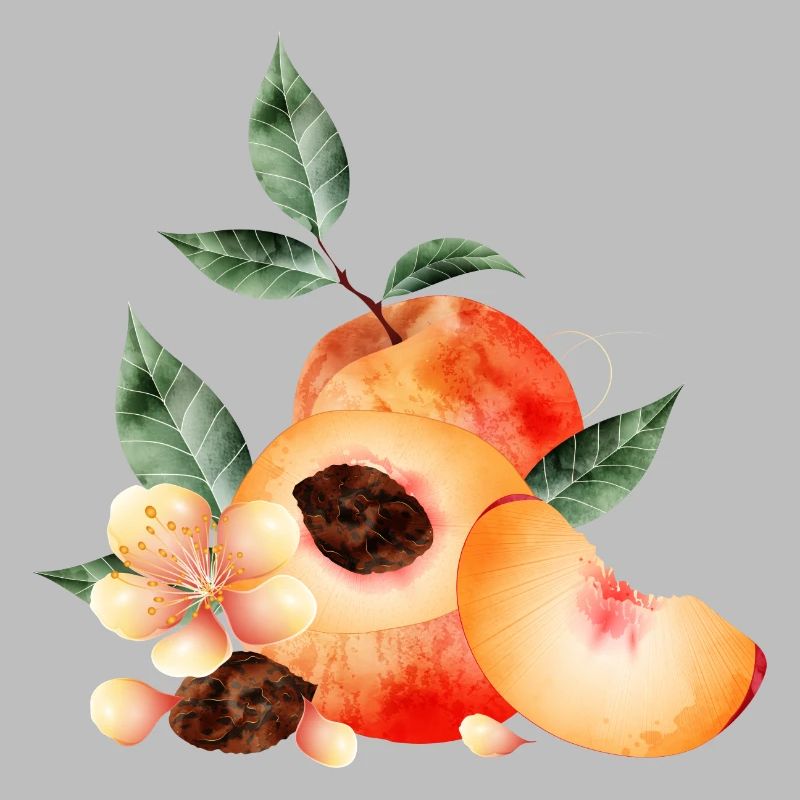 Demi-pêche, pêches, pêches, fleurs et quartier