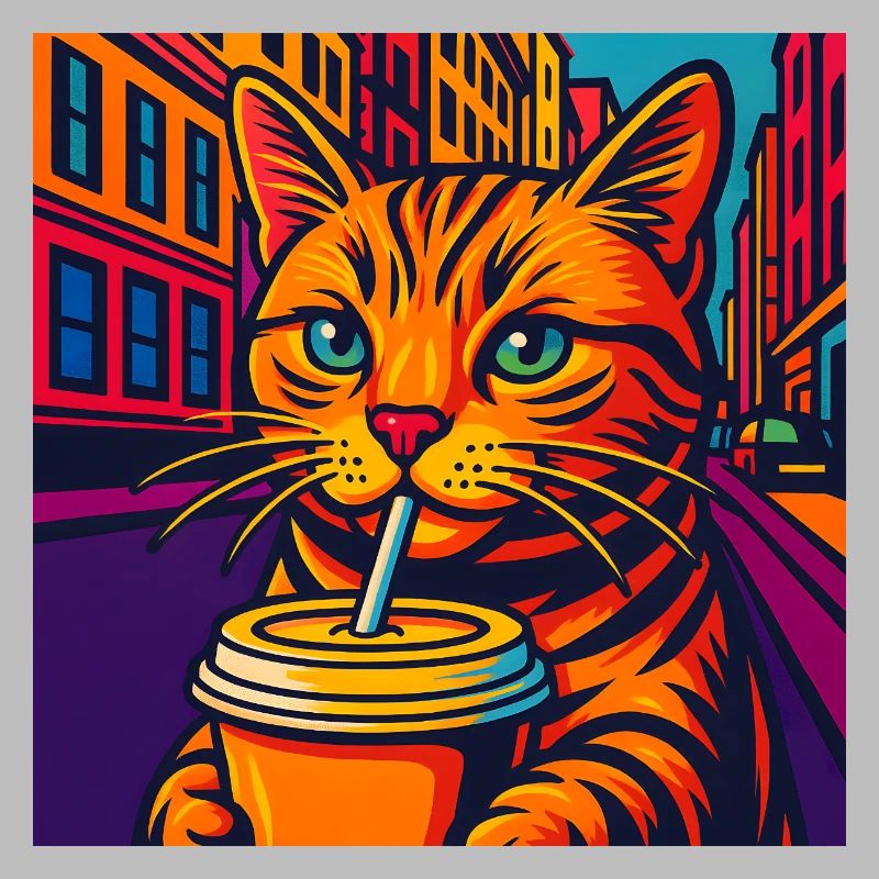 Chat urbain dynamique avec boisson, aime les chats