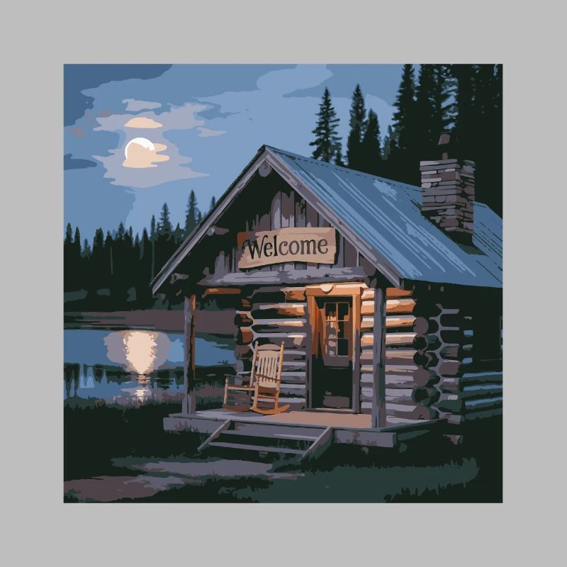 Scène nocturne de cabane de lac rustique